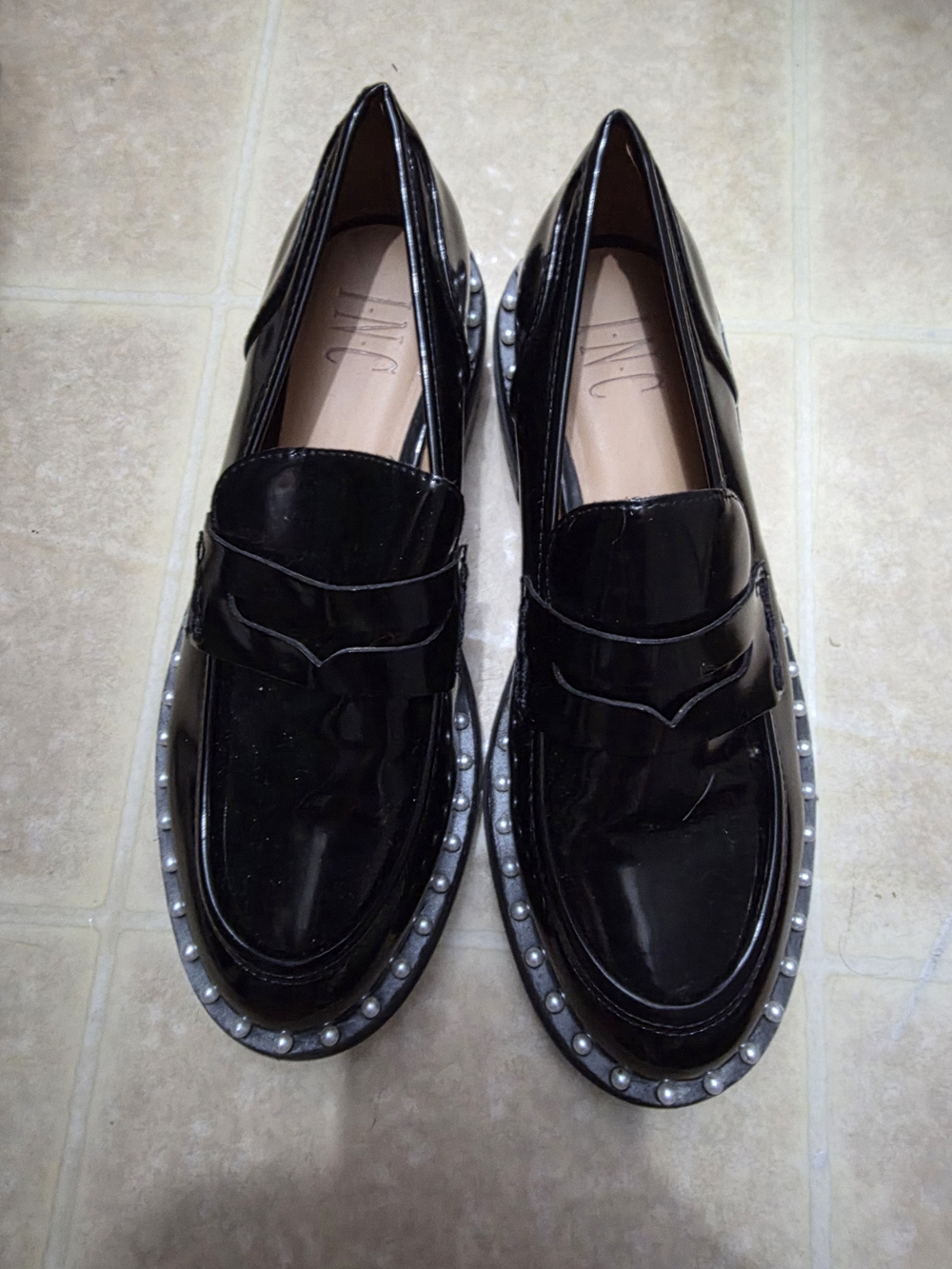 INC International Concepts Black Patent Leather Stud-Trim Loafers